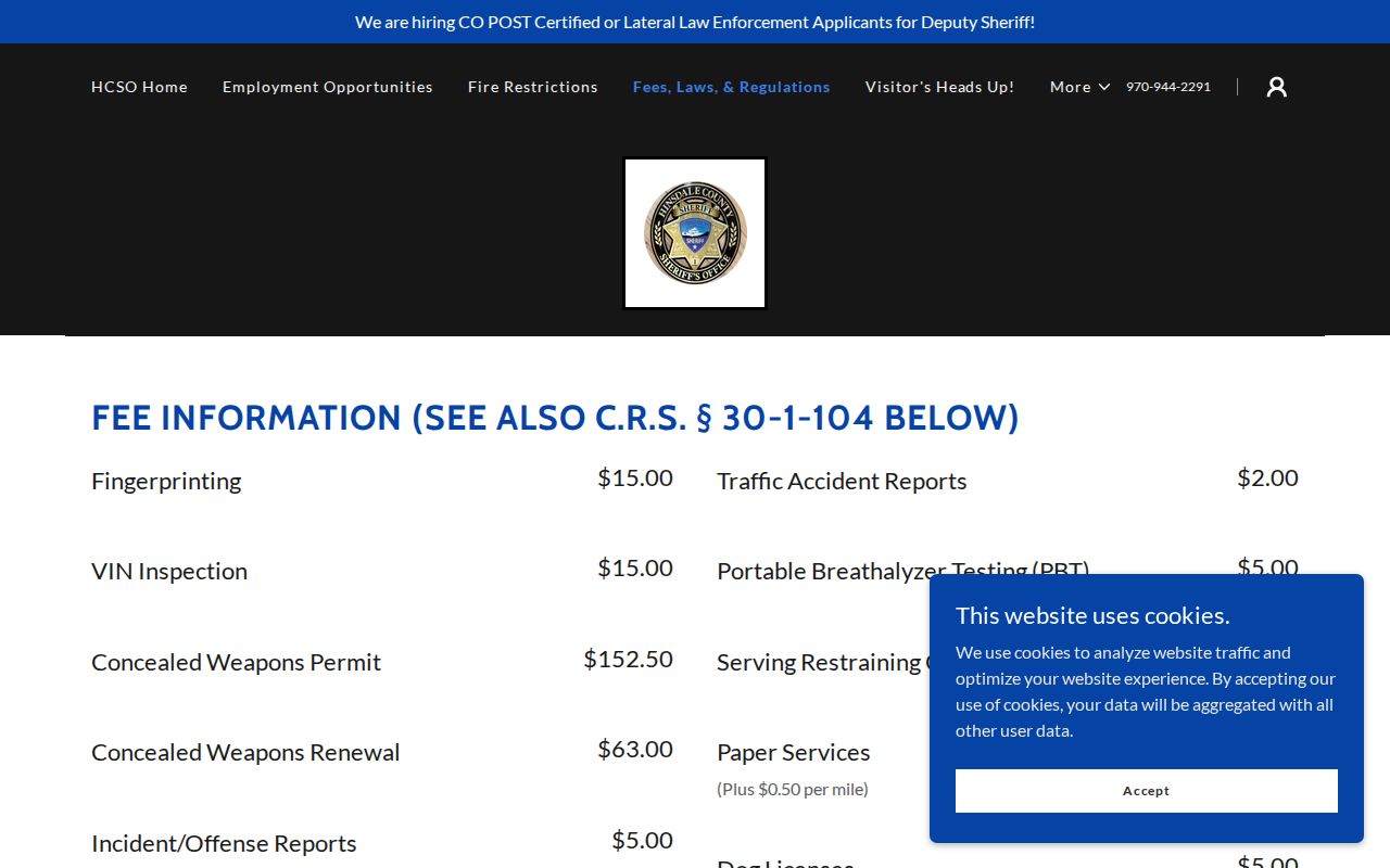 Hinsdale County arrest record fees published by the sheriff