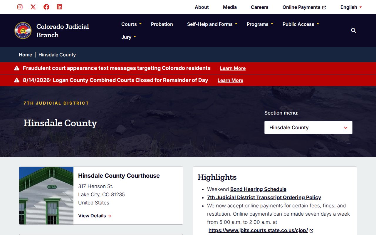 Hinsdale County arrest case docket and court interface