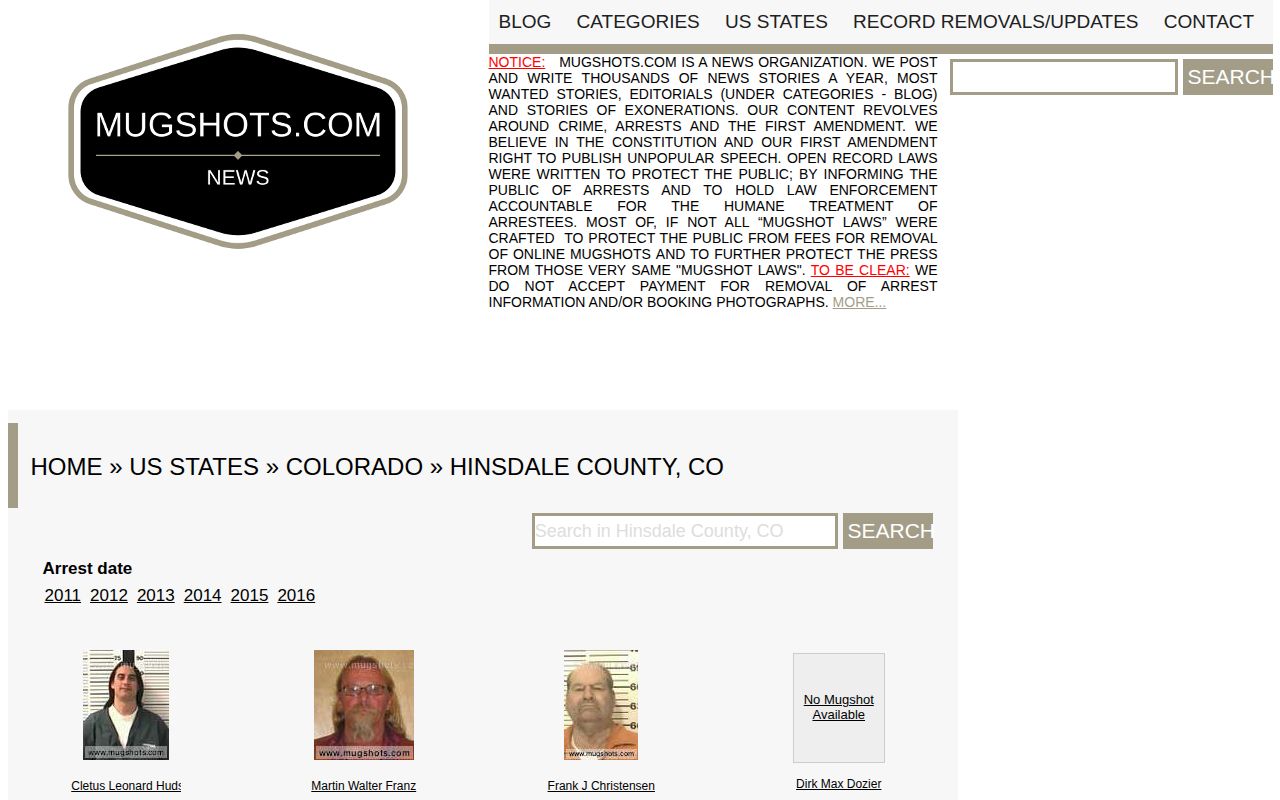 Unofficial sparse Hinsdale County mugshot records page